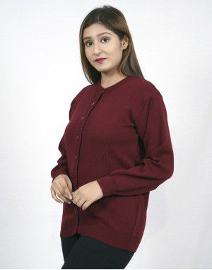 Womens Pure wool Heavy weight Sweater Full Button Maroon